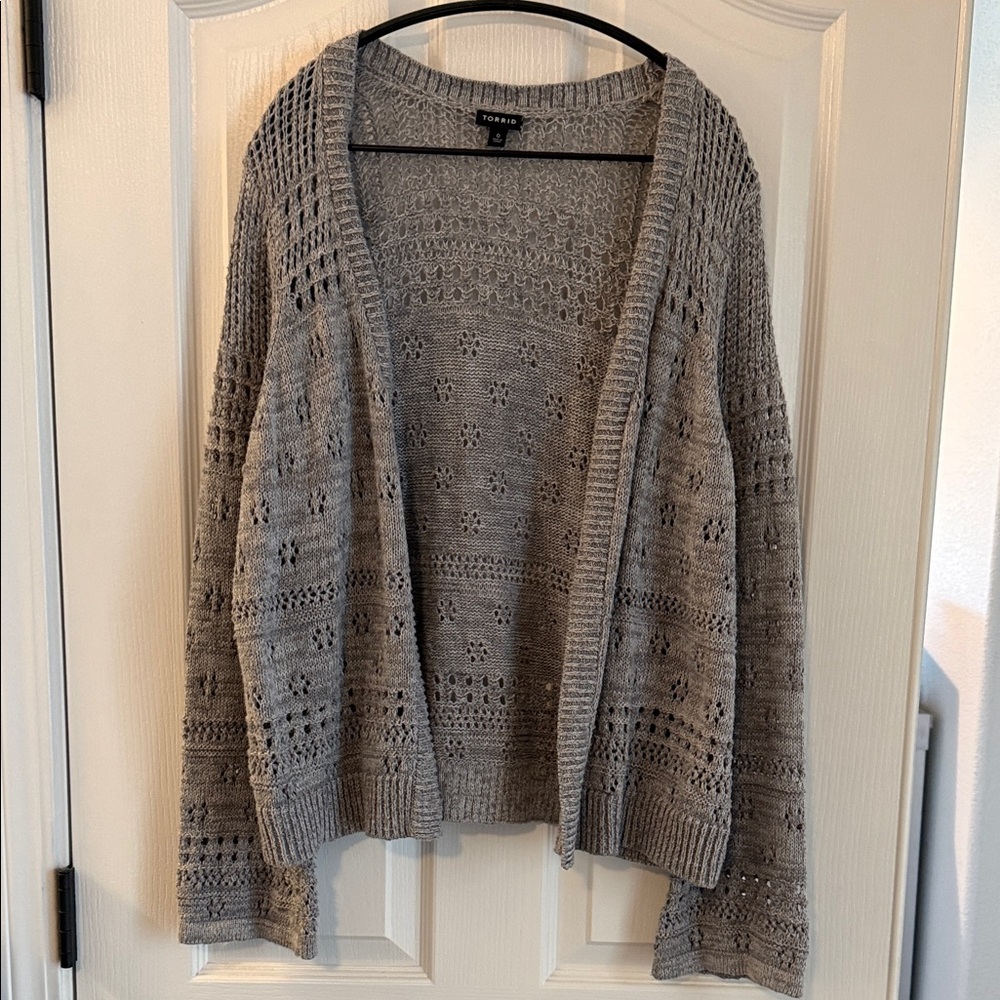 Torrid women's gray pointelle knit sweater, potentially featuring bell sleeves